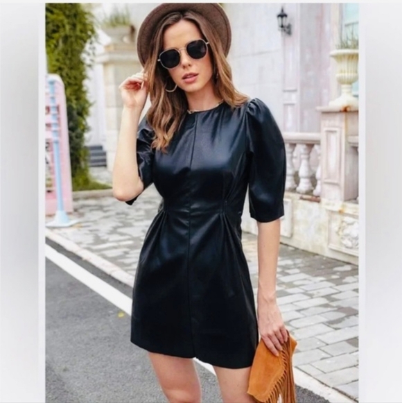 ZARA Black Leather Puff Sleeve Mini Dress Stretch Size Medium - Picture 2 of 14